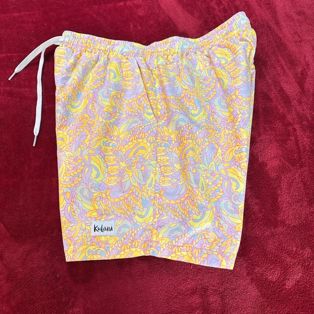 Kulani Kinis Mens Swim Trunks Yellow Pink Paisley Floral Board Shorts 6in Inseam